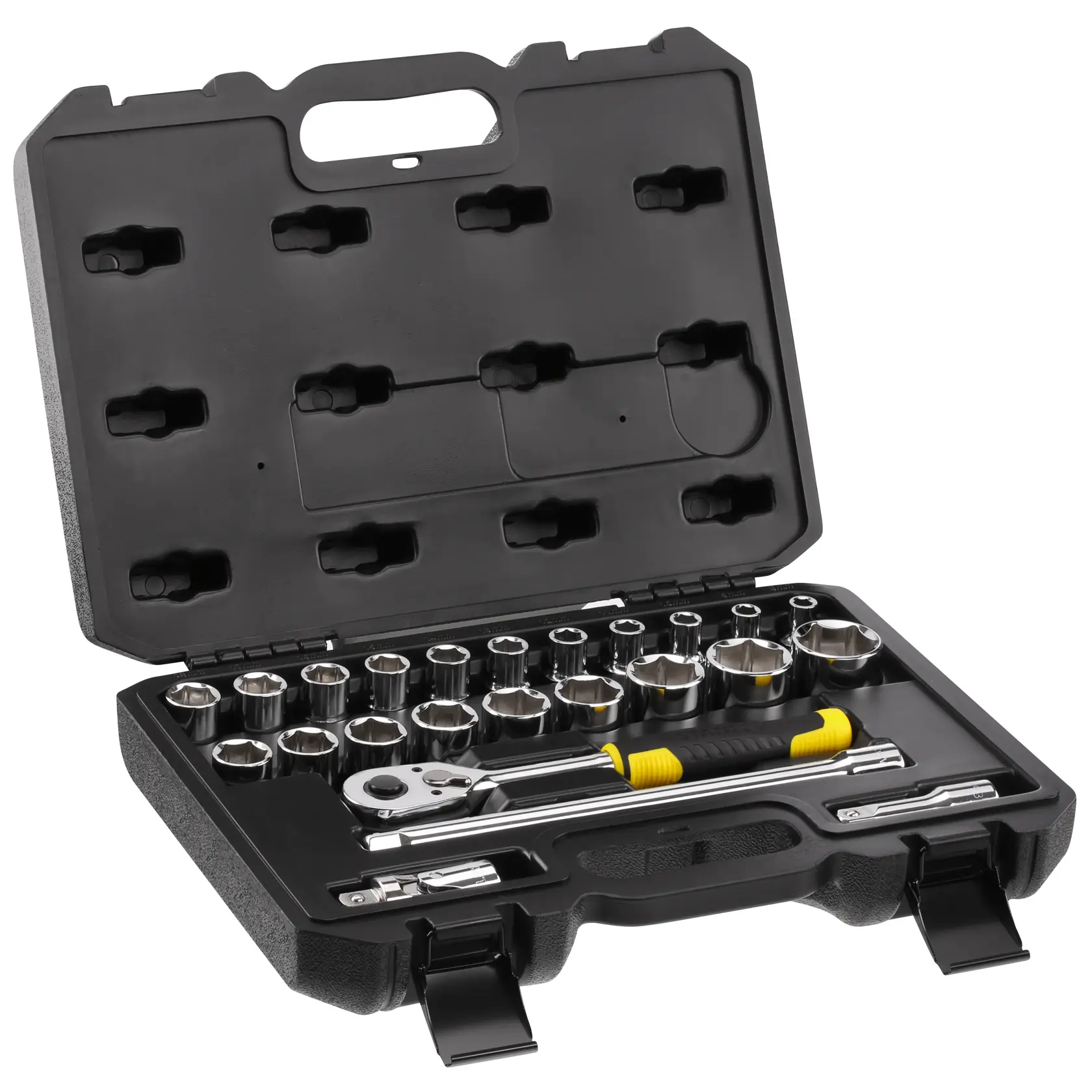 STANLEY STMT82830-1 coffret de douilles dans un étui noir avec cliquet et douilles, vue en angle sur fond blanc.