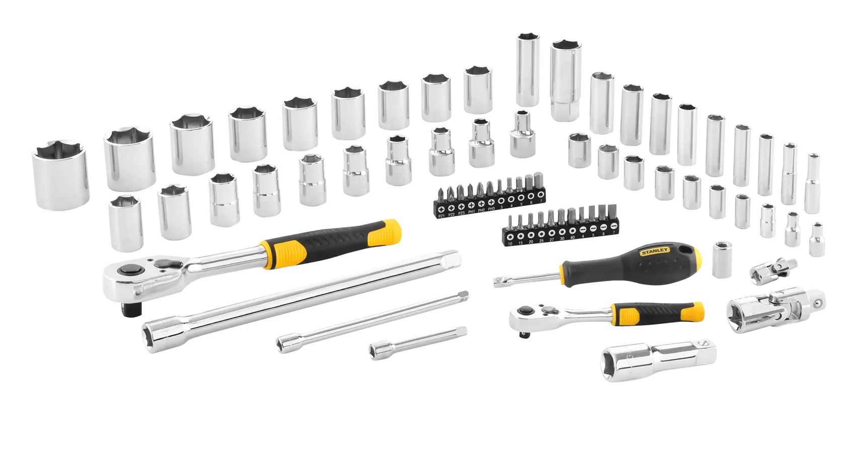 STANLEY STMT82831-1 coffret douilles et cliquets avec tournevis, finition chromée, photographie, angle fond blanc.