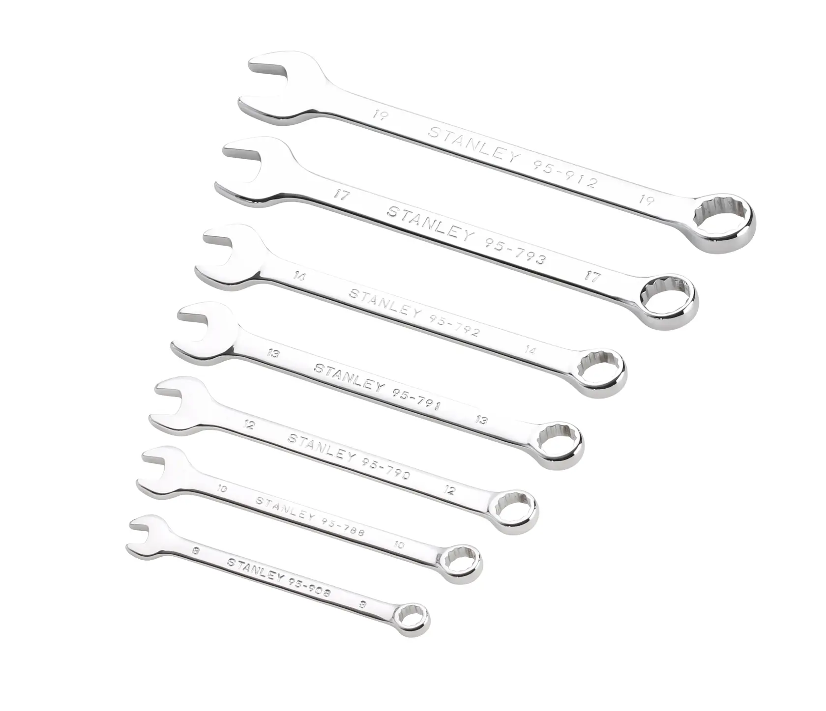 STANLEY STMT82842-0 combination wrench set, seven chrome wrenches, photography, top angle, white background.