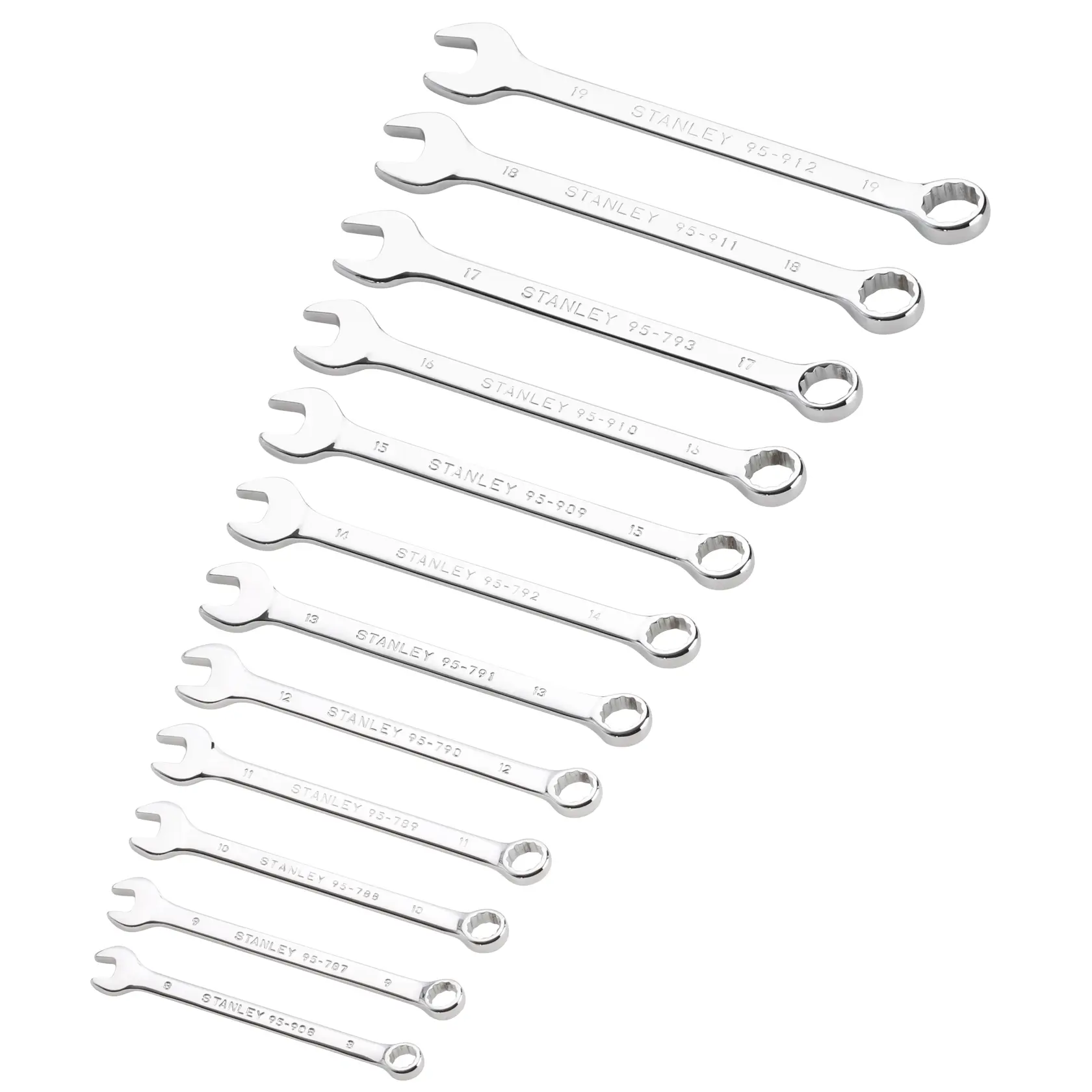 Photo of STANLEY STMT82843-0 chrome combination wrench set, 12 pieces, top-down angle.
