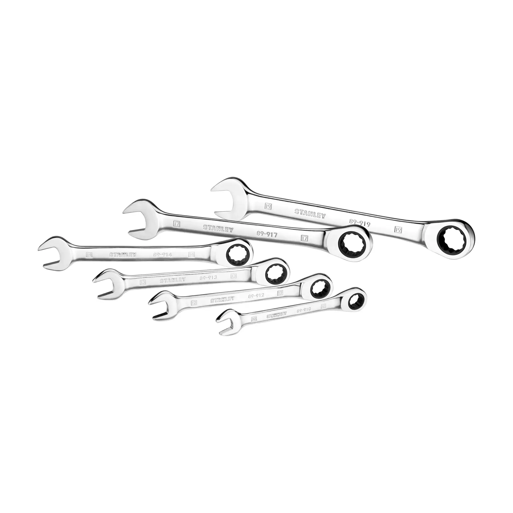 Photo of STANLEY STMT82846-0 ratcheting combination wrench set, seven polished chrome wrenches on white background.