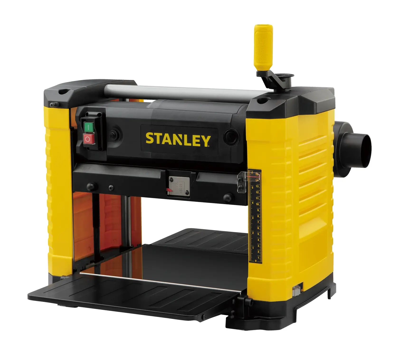 STANLEY STP18-B2 photographie de raboteuse d'établi jaune et noire vue de face sur fond blanc.