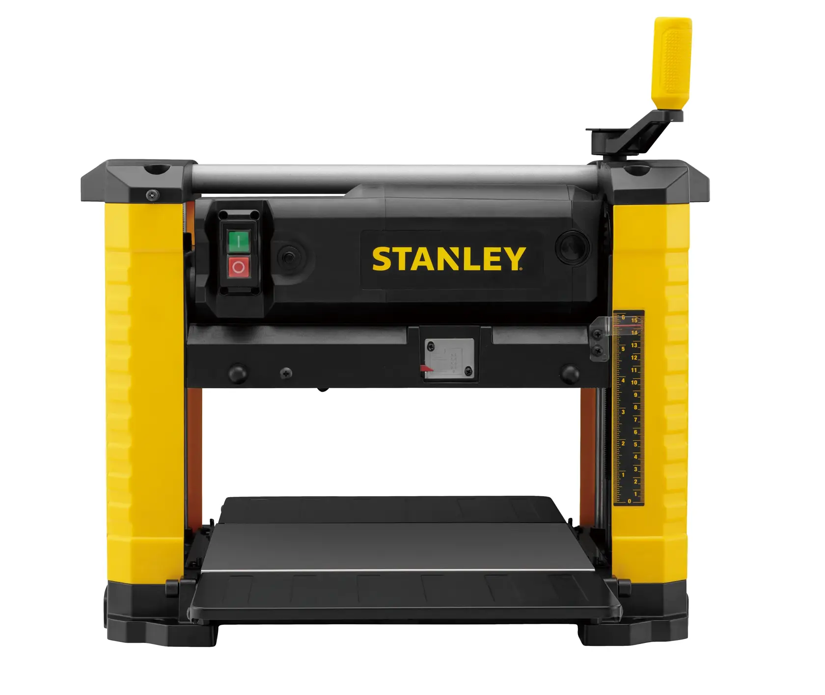 Photo du rabot de table STANLEY STP18-B2 en jaune et noir, vue de face sur fond blanc
