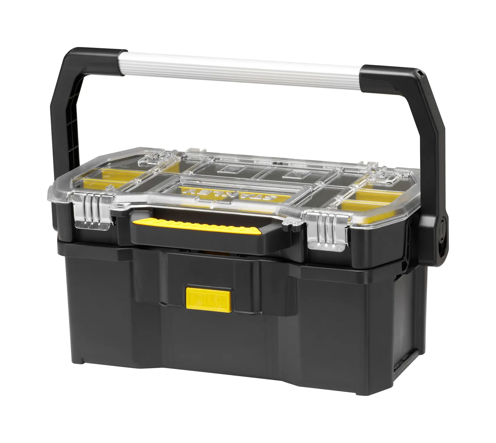 Boîte à outils Stanley noire avec couvercle transparent, loquets jaunes et poignée solide pour transporter les outils.