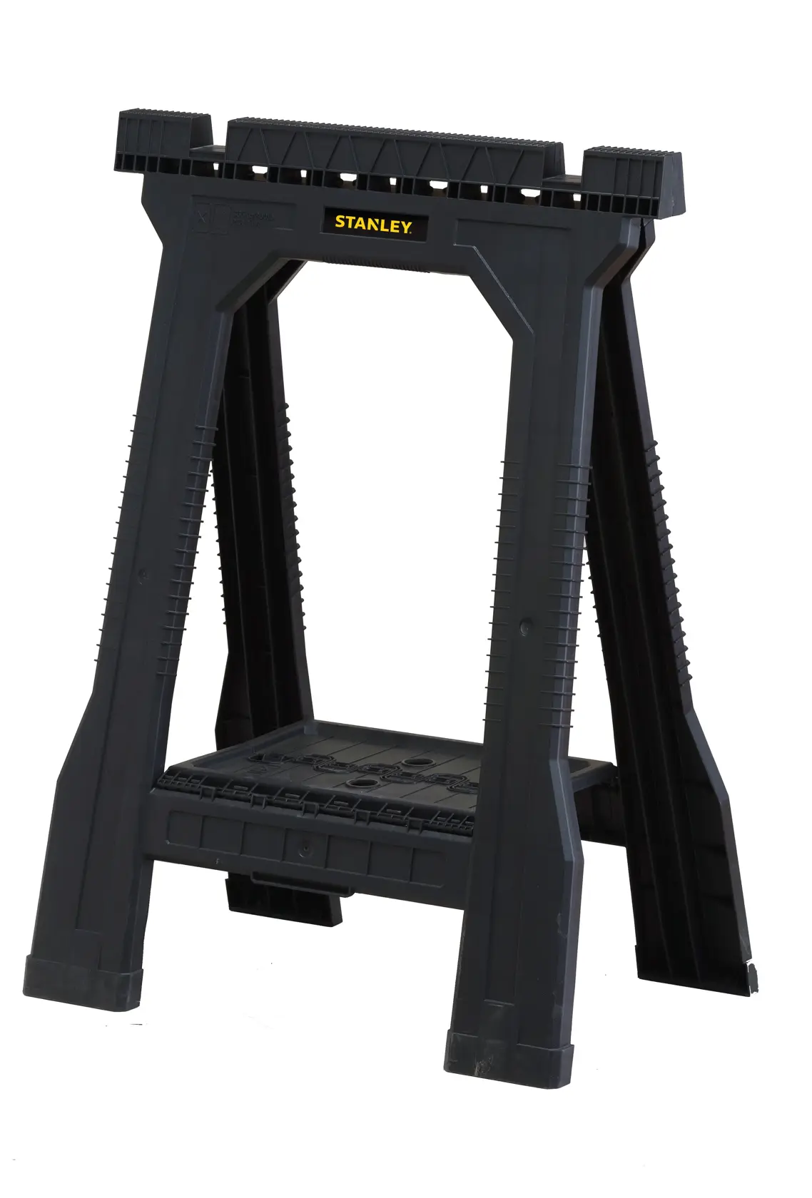 Black STANLEY folding sawhorse with sturdy plastic design for supporting materials during work.