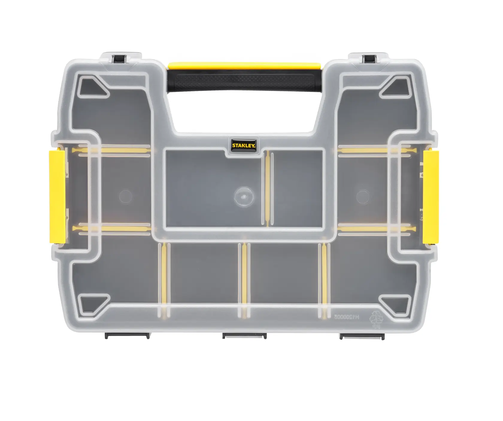 STANLEY STST1-70720 organizer with clear lid, yellow latches, and multiple compartments, front angle.