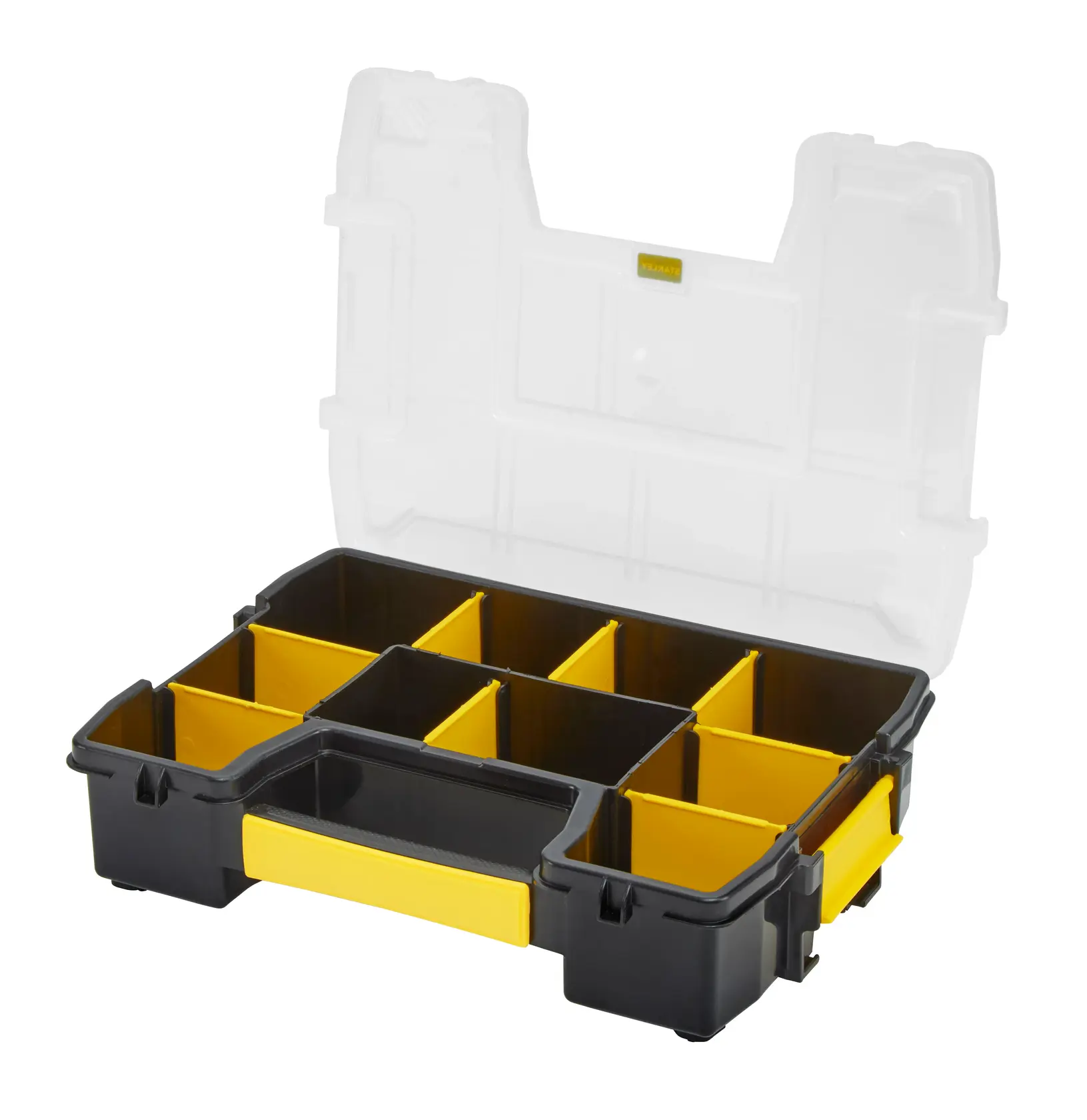 STANLEY STST1-70720 organizer with open lid, black and yellow compartment box, front angle, white background.