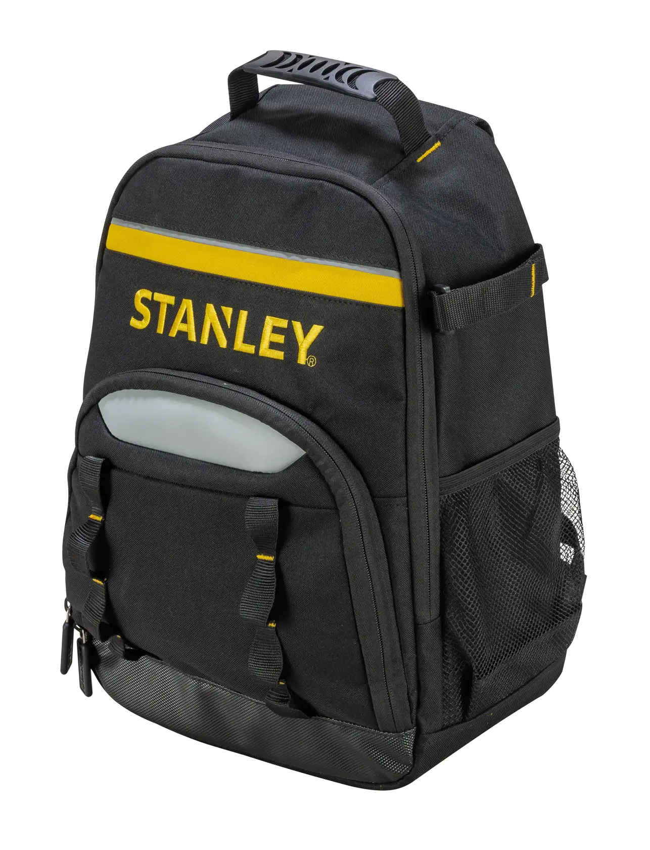 Photo du sac à outils STANLEY STST1-72335 noir avec accents jaunes et plusieurs poches, angle frontal.