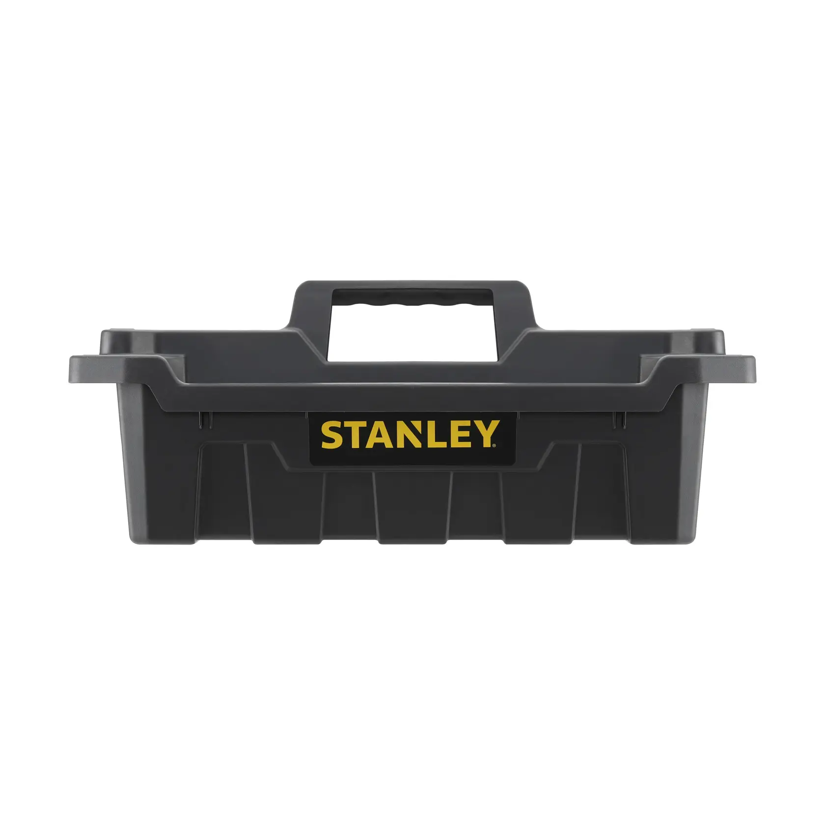 STANLEY STST1-72359 boîte à outils en plastique noire avec poignée, vue de face sur fond blanc.