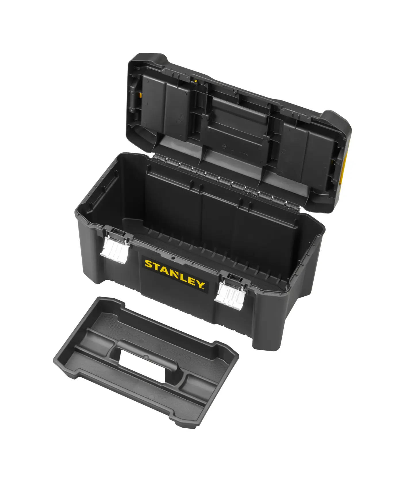 STANLEY STST1-75521 black plastic toolbox with open lid and removable tray, front angle on white background.