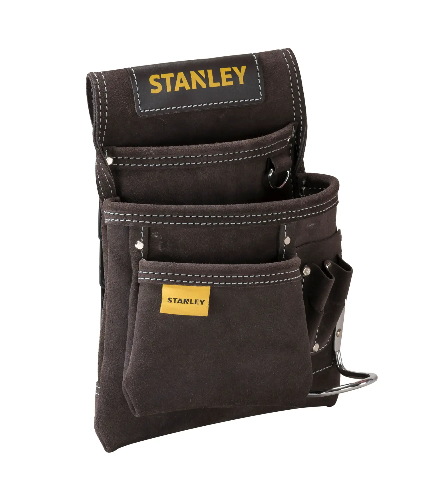 STANLEY STST1-80114 porte-outils, cuir suédé noir, plusieurs poches, vue de face sur fond blanc.
