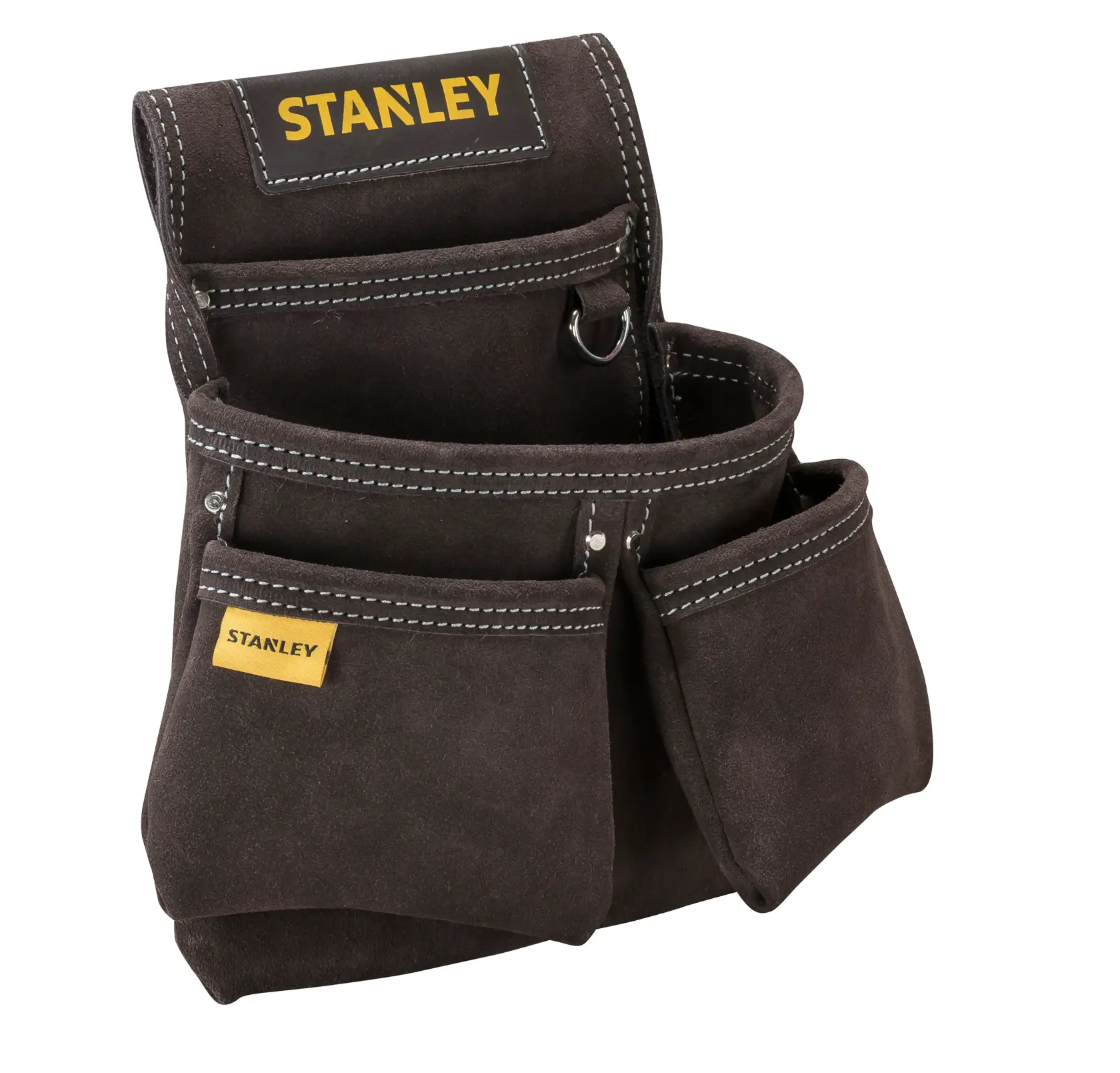 STANLEY STST1-80116 porte-outils en daim marron avec plusieurs poches, photographie en angle avant sur fond blanc.