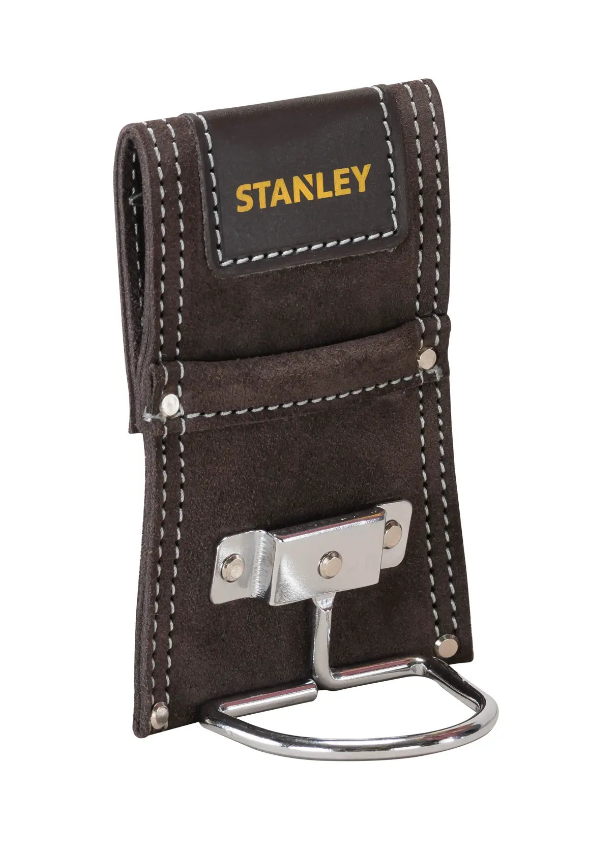 STANLEY STST1-80117 porte-marteau en cuir marron, support métallique argenté, photographie de face.