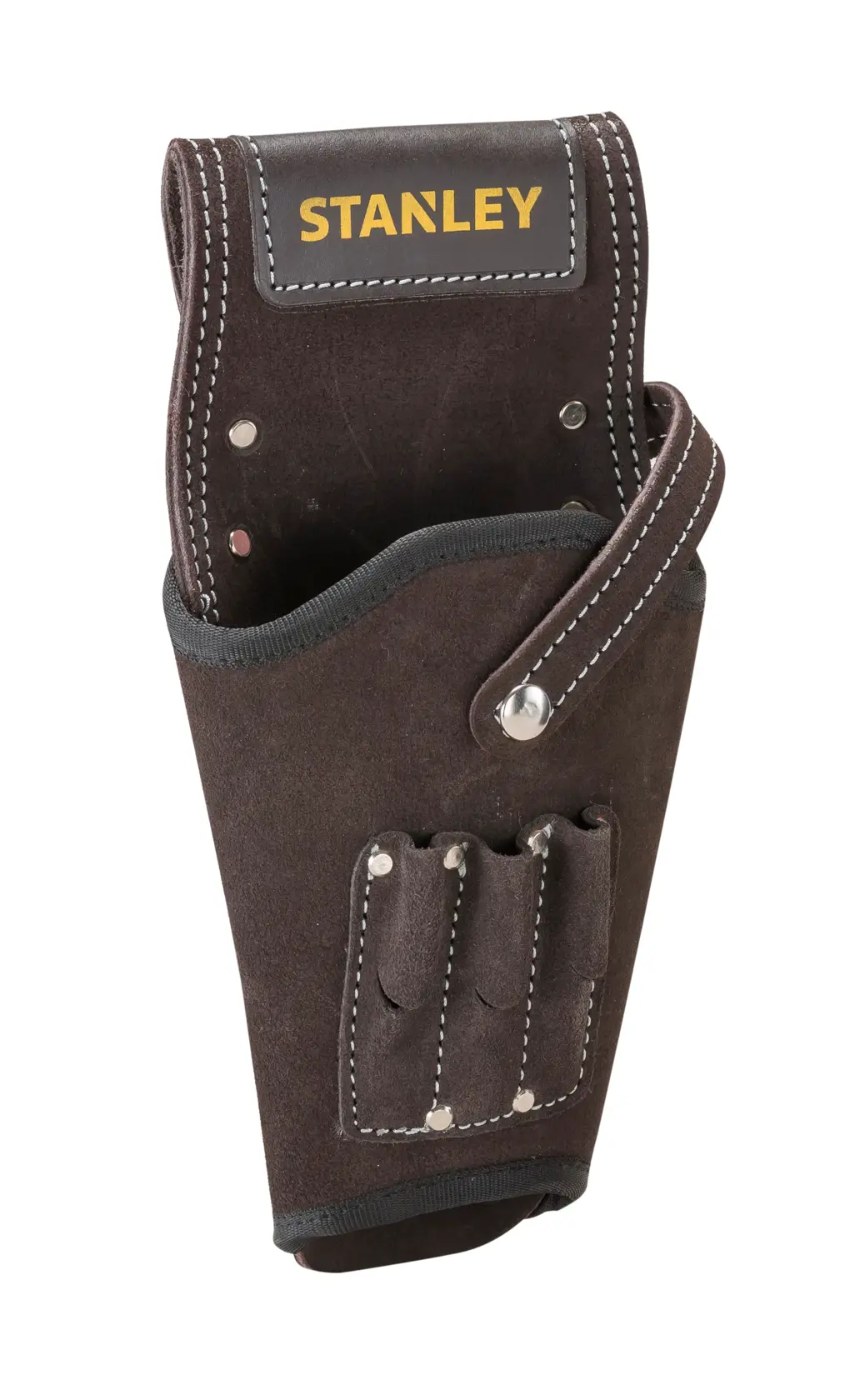 STANLEY STST1-80118 étui à outils en cuir avec plusieurs poches, vue de face en angle sur fond blanc.
