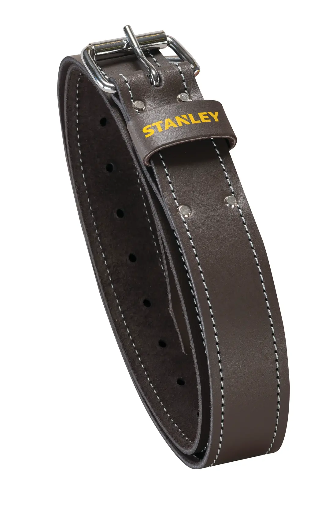STANLEY STST1-80119 brauner Ledergürtel mit silberner Schnalle, Produktfoto vor weißem Hintergrund.