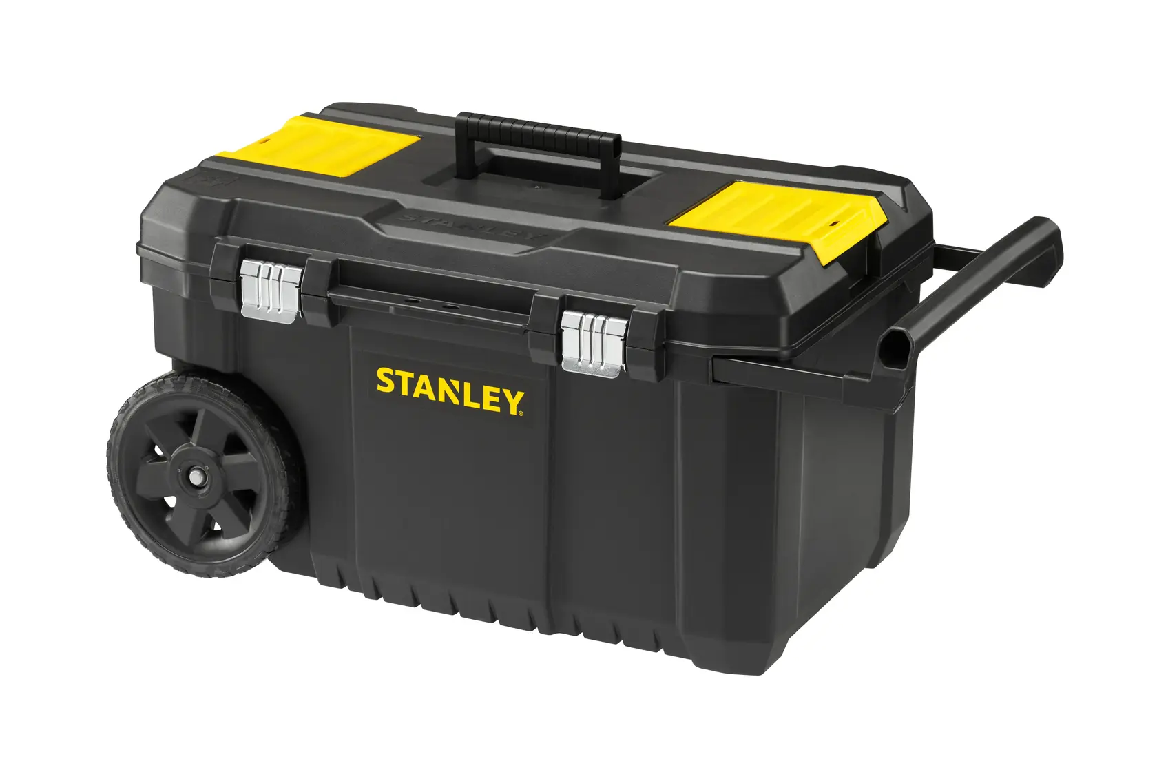 STANLEY STST1-80150 boîte à outils noire roulante avec accents jaunes et poignée latérale, vue trois quarts.
