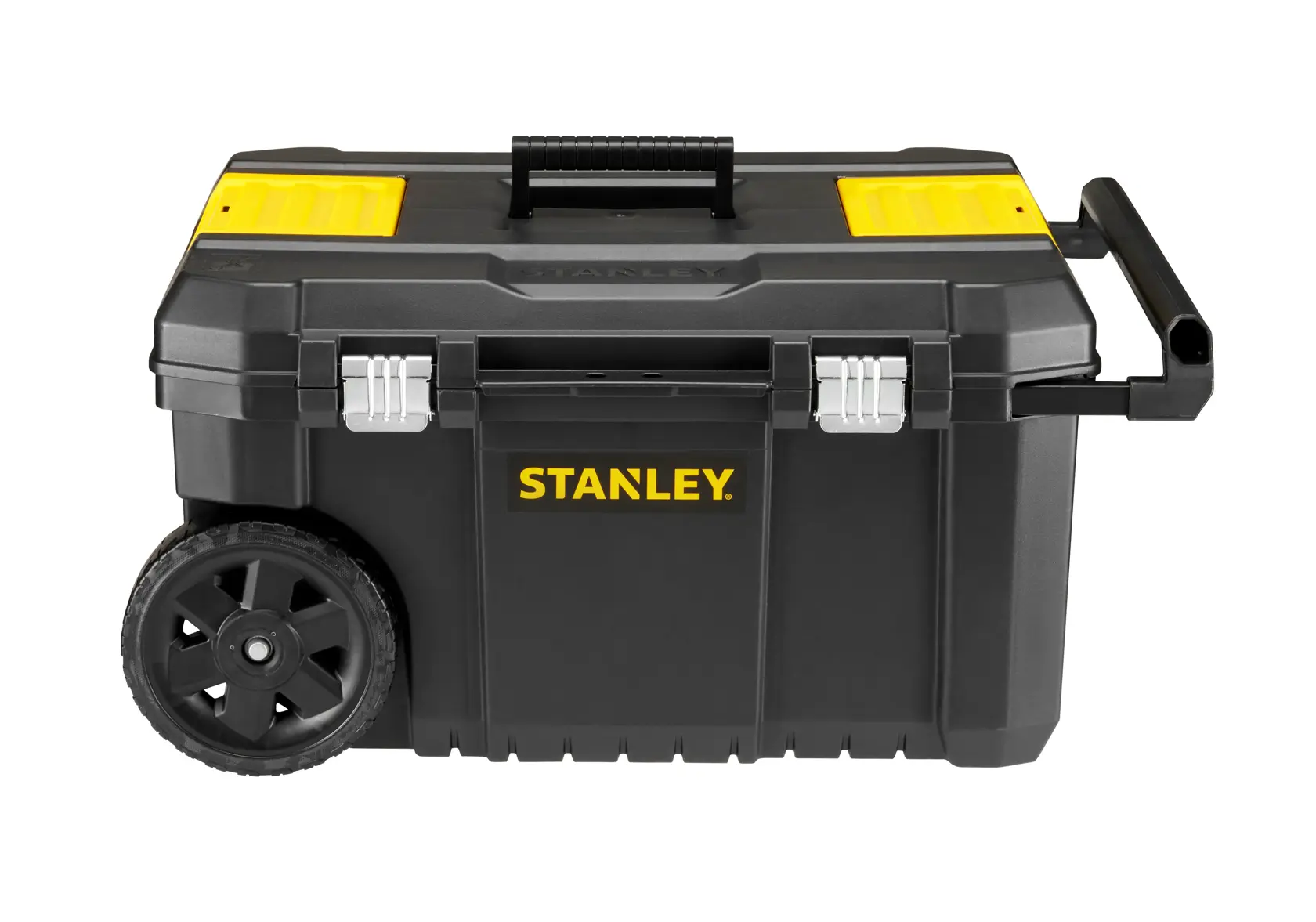 STANLEY STST1-80150 boîte à outils noire à roulettes avec accents jaunes, vue de face sur fond blanc.