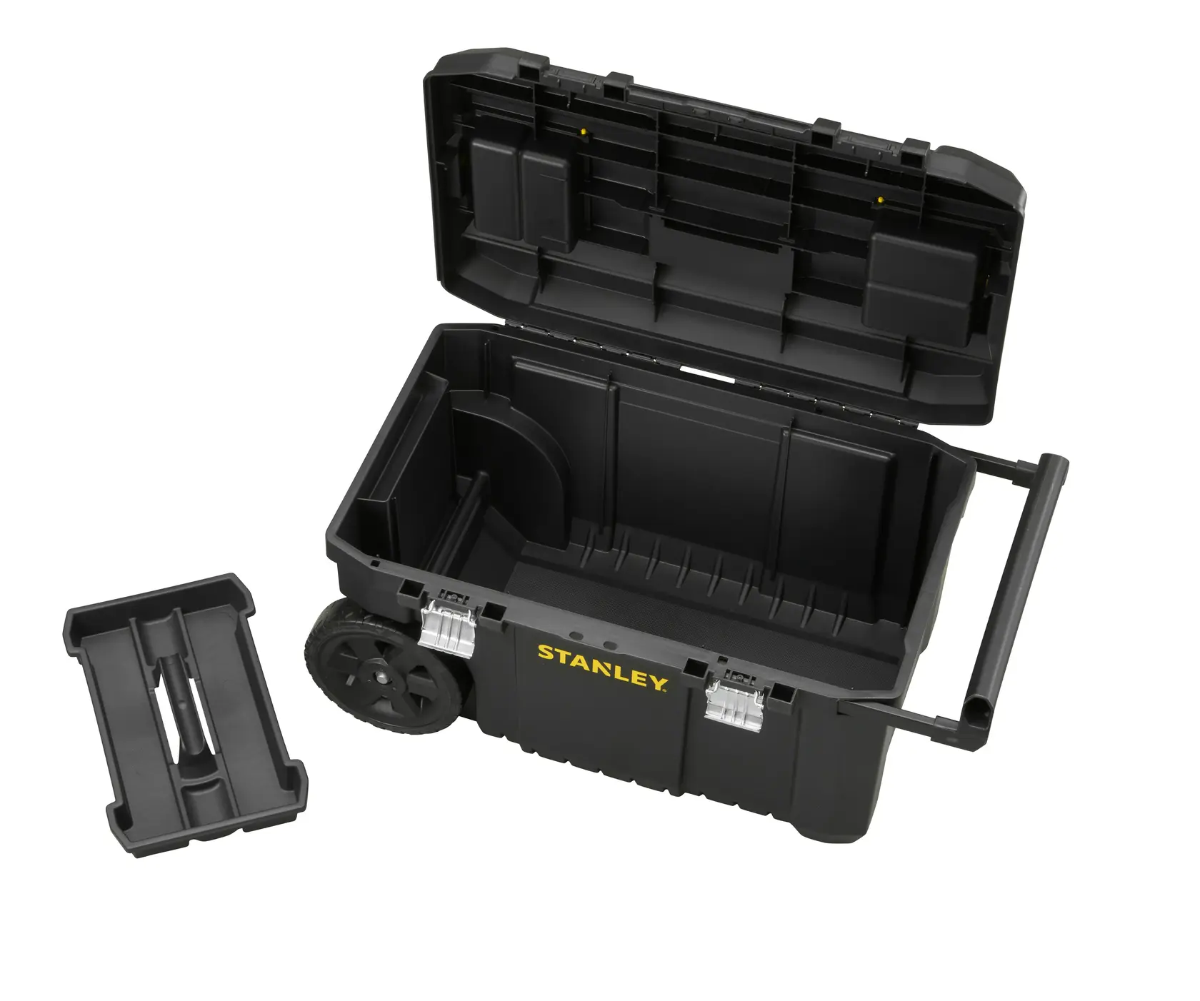STANLEY STST1-80150 boîte à outils noire à roulettes couvercle ouvert et plateau amovible sur fond blanc.