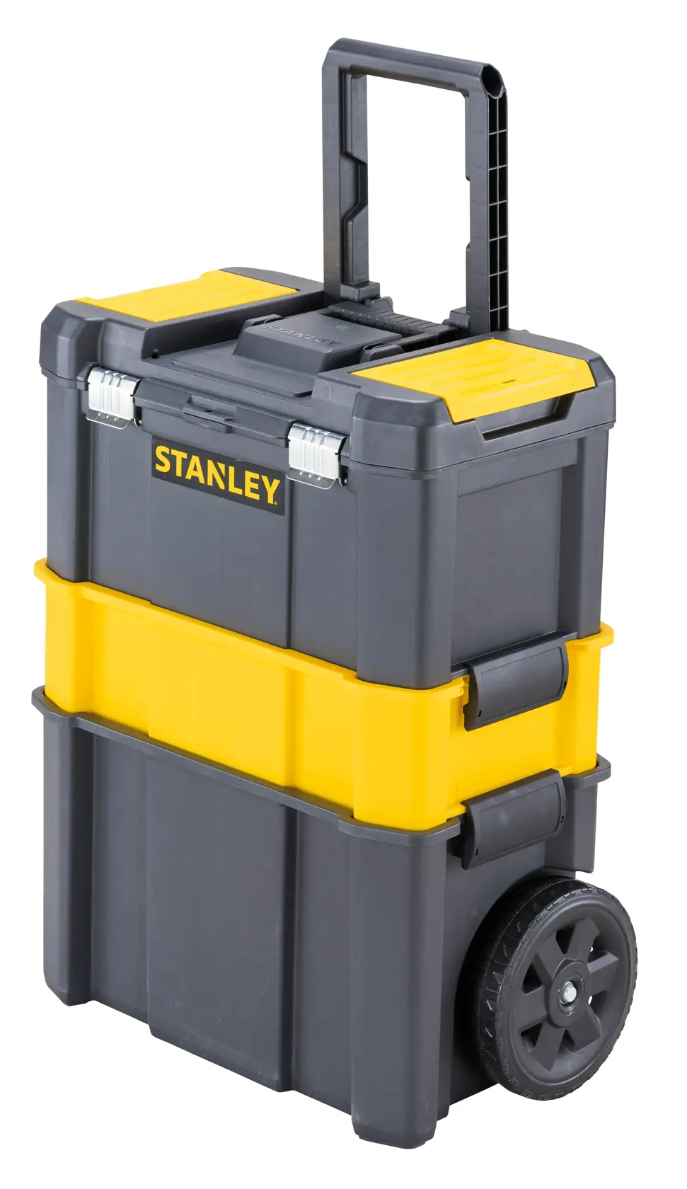 Stanley STST1-80151 coffre à outils roulant noir et jaune, angle avant sur fond blanc.