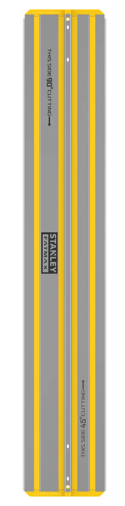 STANLEY STST140-XJ rail de guidage en métal argenté et jaune, vue du dessus, pour coupe précise à la scie circulaire.
