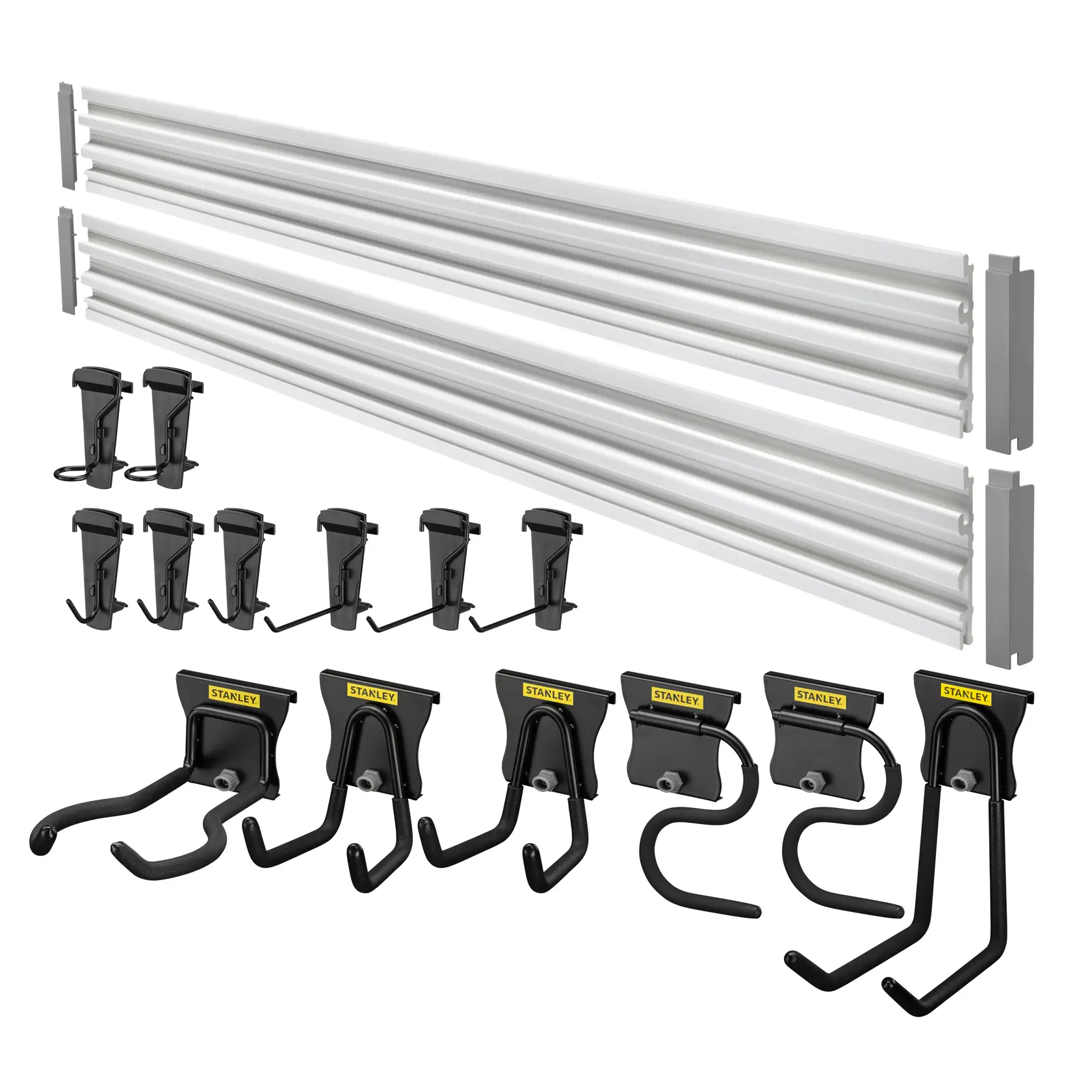 STANLEY STST22000-1 système de rails de stockage mural avec rails argentés et crochets utilitaires noirs assortis, vue de face en angle.