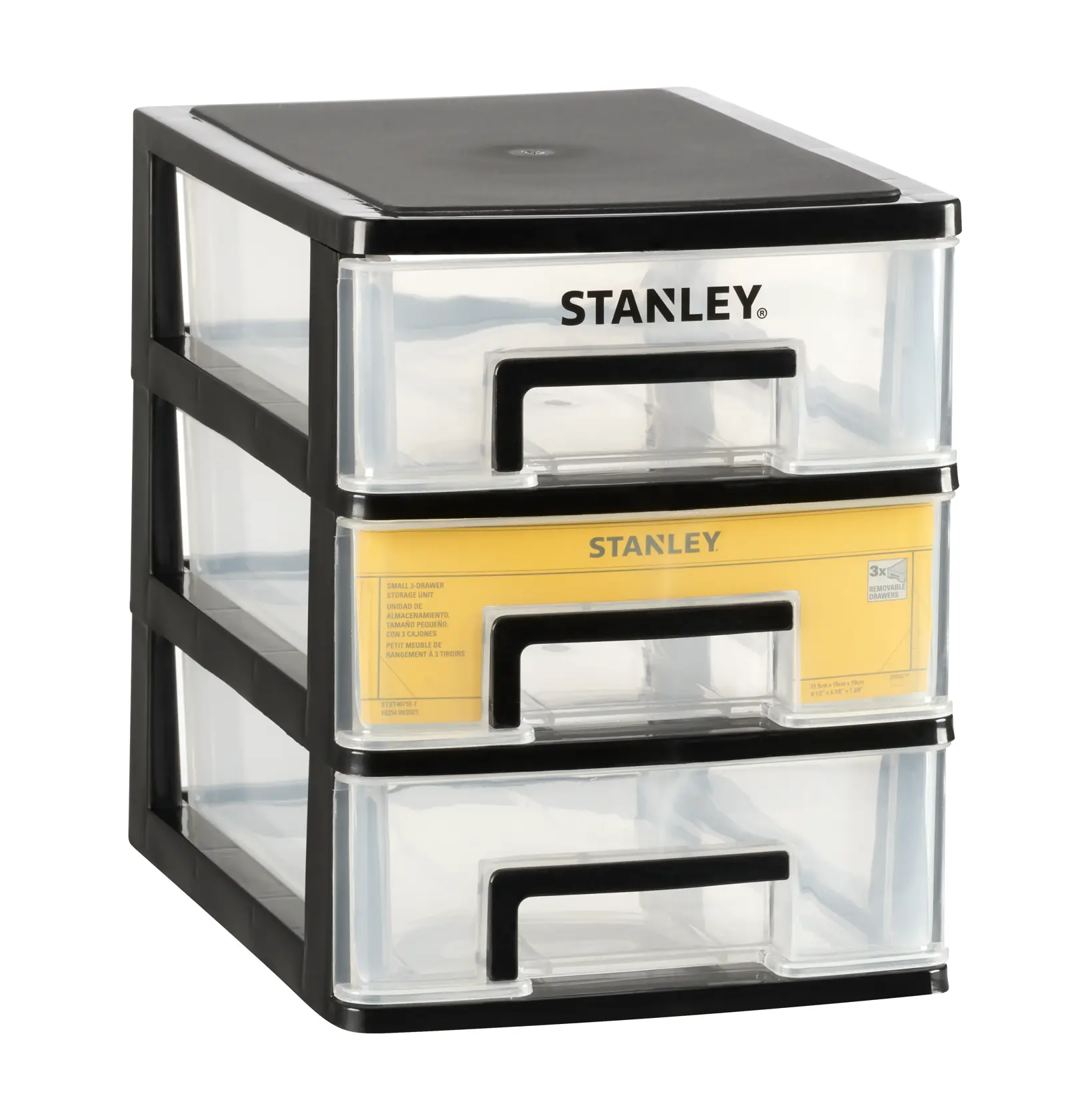 STANLEY STST40712-1 meuble de rangement en plastique à trois tiroirs, cadre noir avec tiroirs transparents, vue en angle.