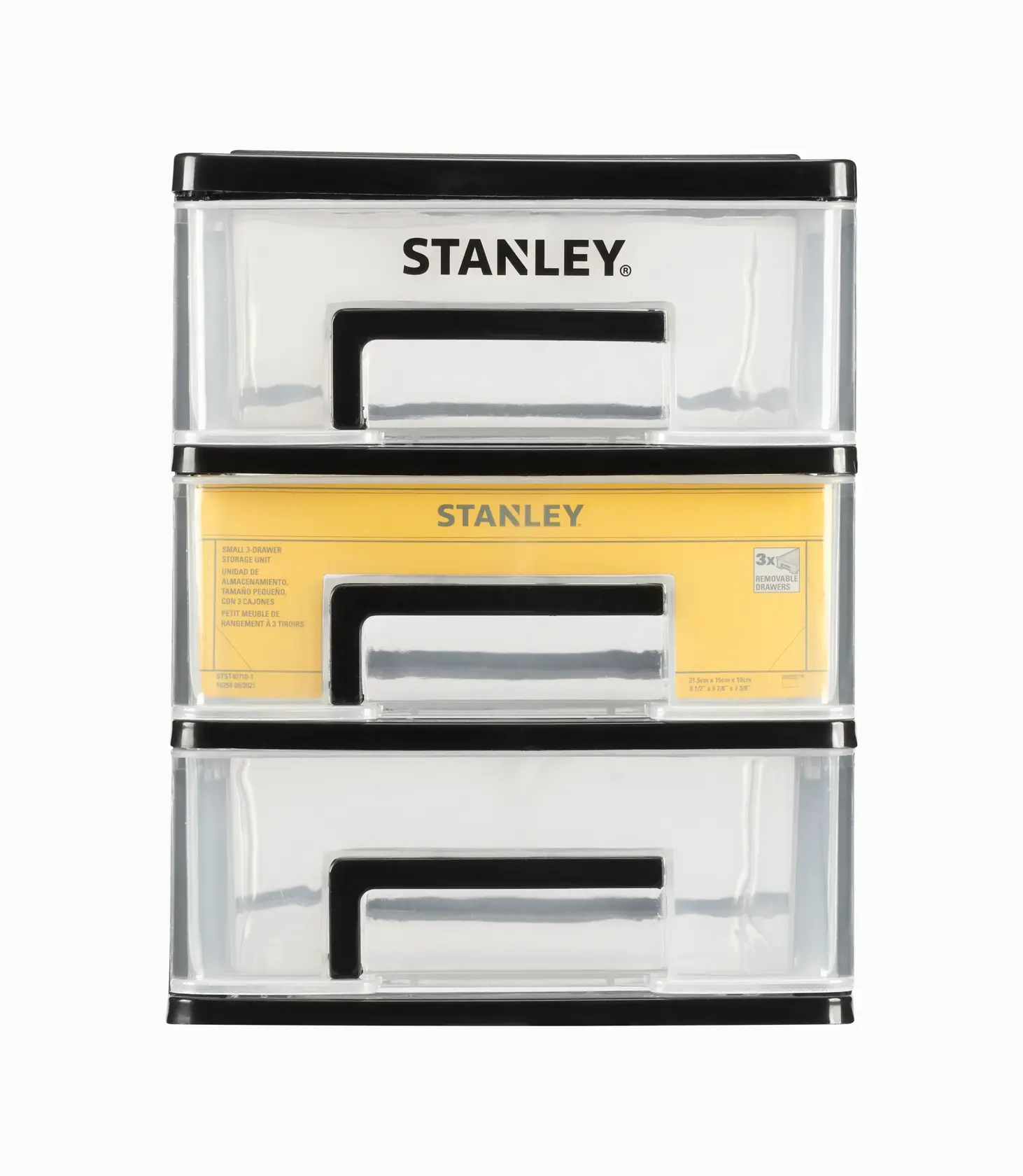 STANLEY STST40712-1 clear plastic 3-drawer storage unit, black trim, front view, photography product image.