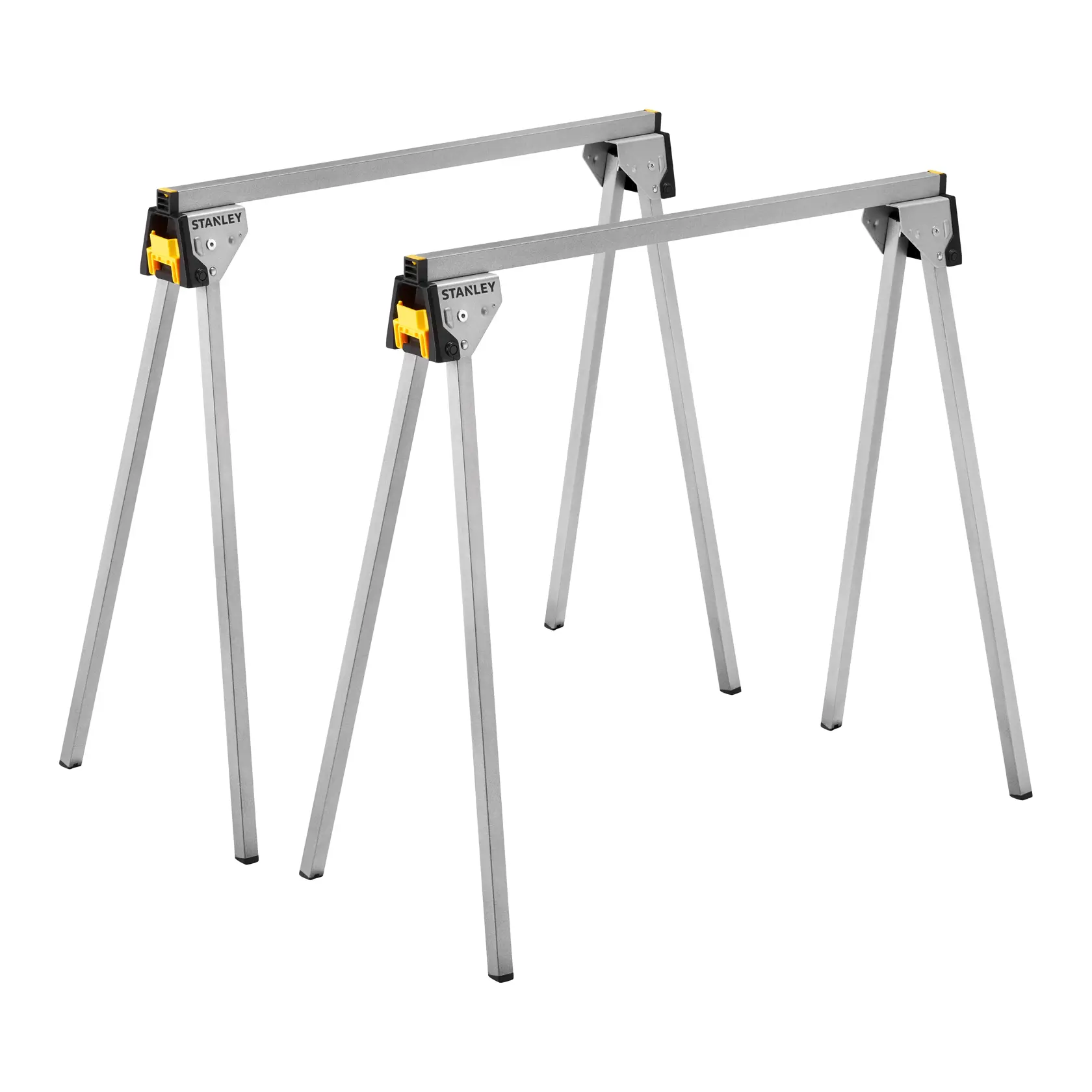 STANLEY STST81337-1 tréteaux pliants en métal, argent avec accents jaunes, vue angulaire sur fond blanc.