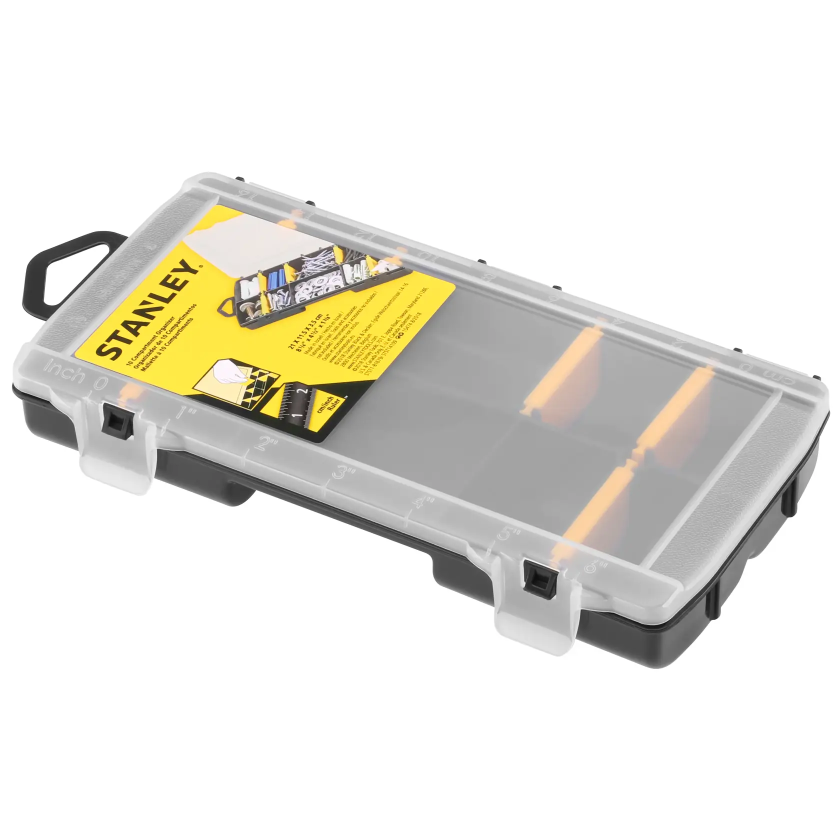 STANLEY STST81679-1 organiseur pour petites pièces avec base noire, couvercle transparent et séparateurs jaunes, vue en angle.