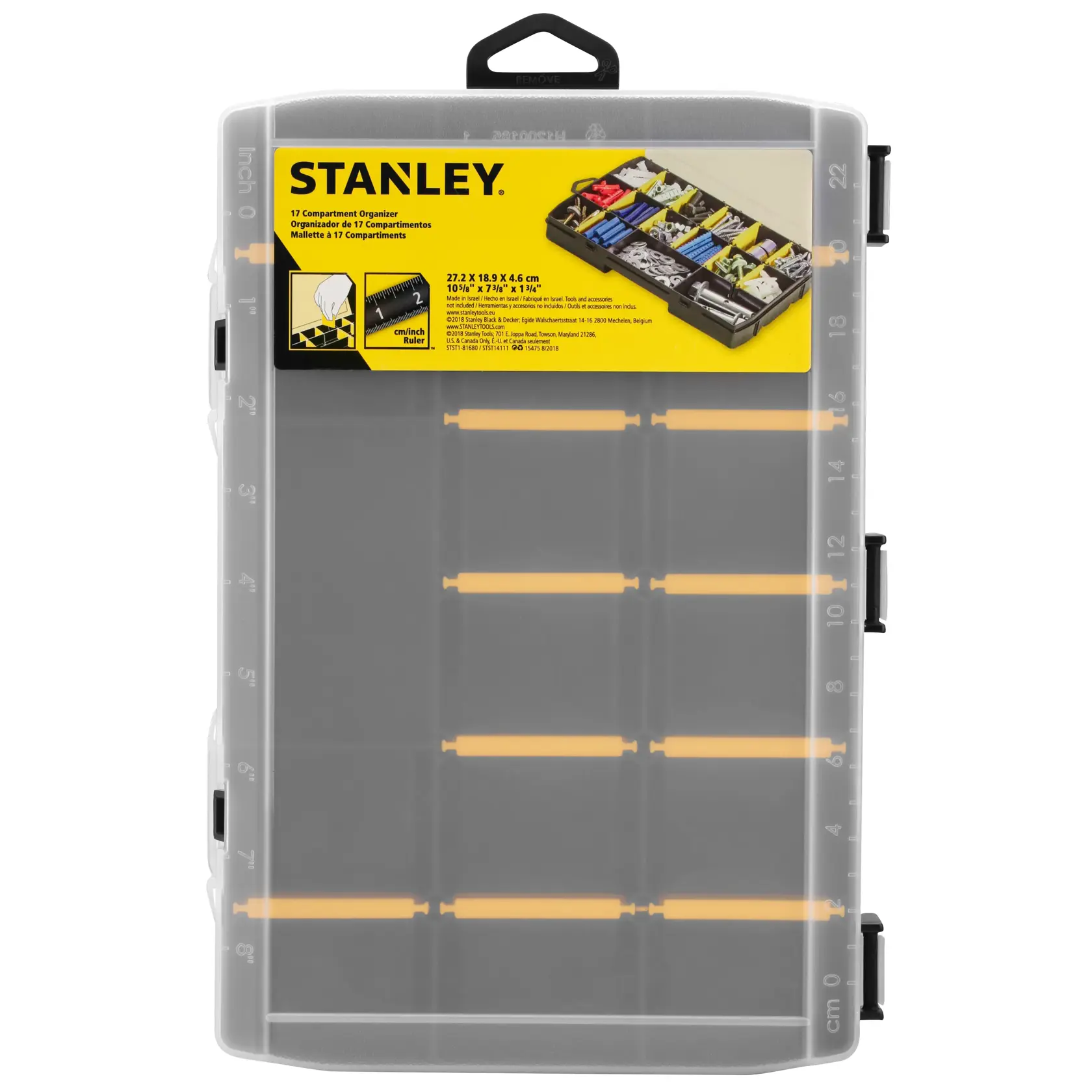 STANLEY STST81680-1 boîte organisatrice à 17 compartiments, couvercle transparent, noir et jaune, photo vue du dessus.