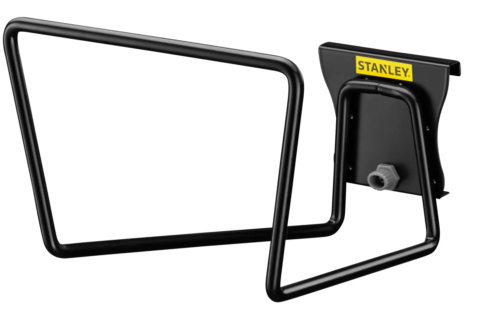 STANLEY STST82604-1 support de tuyau en métal noir, angle avant, étiquette jaune sur la plaque.