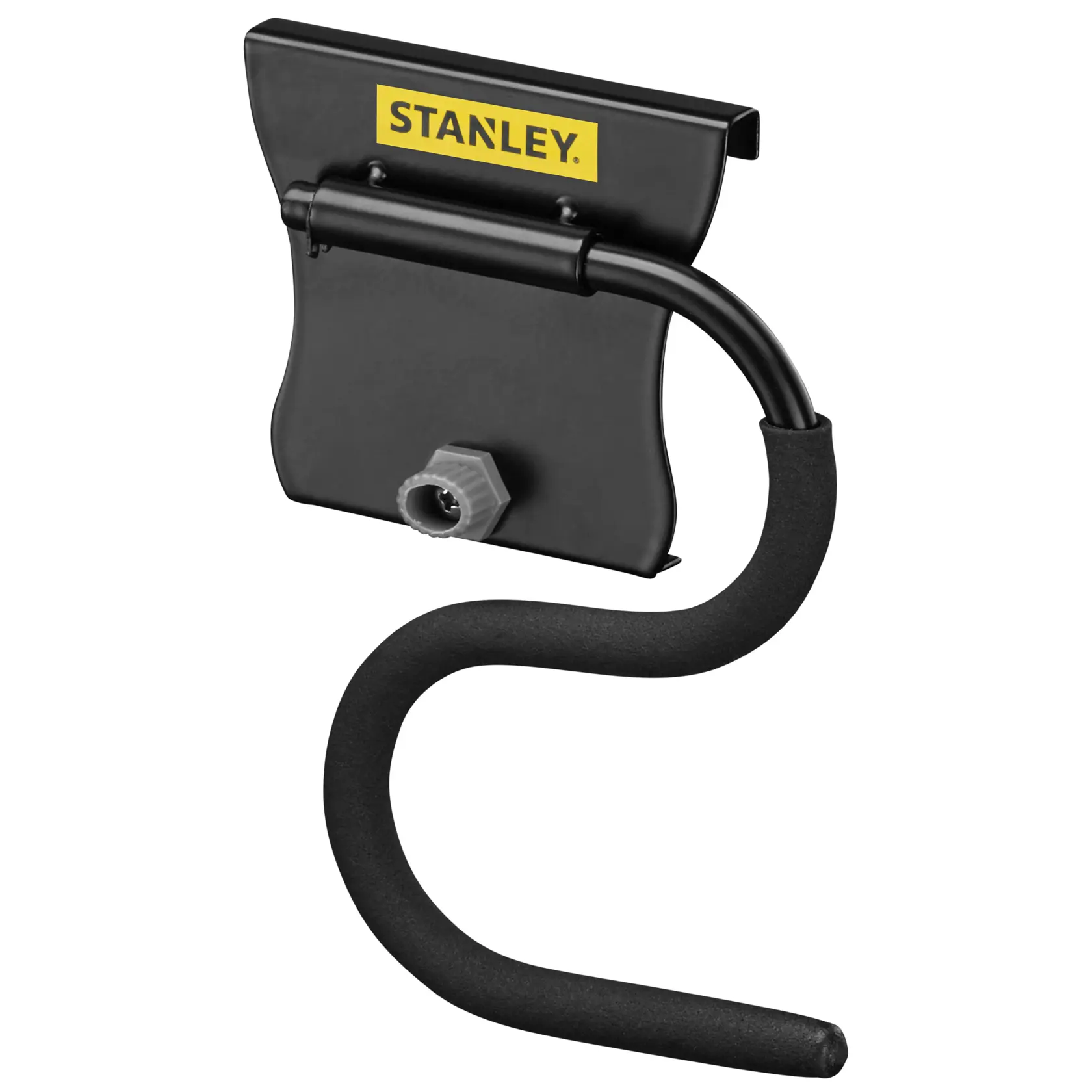 STANLEY STST82605-1 crochet utilitaire mural noir avec rembourrage en mousse, angle latéral sur fond blanc.