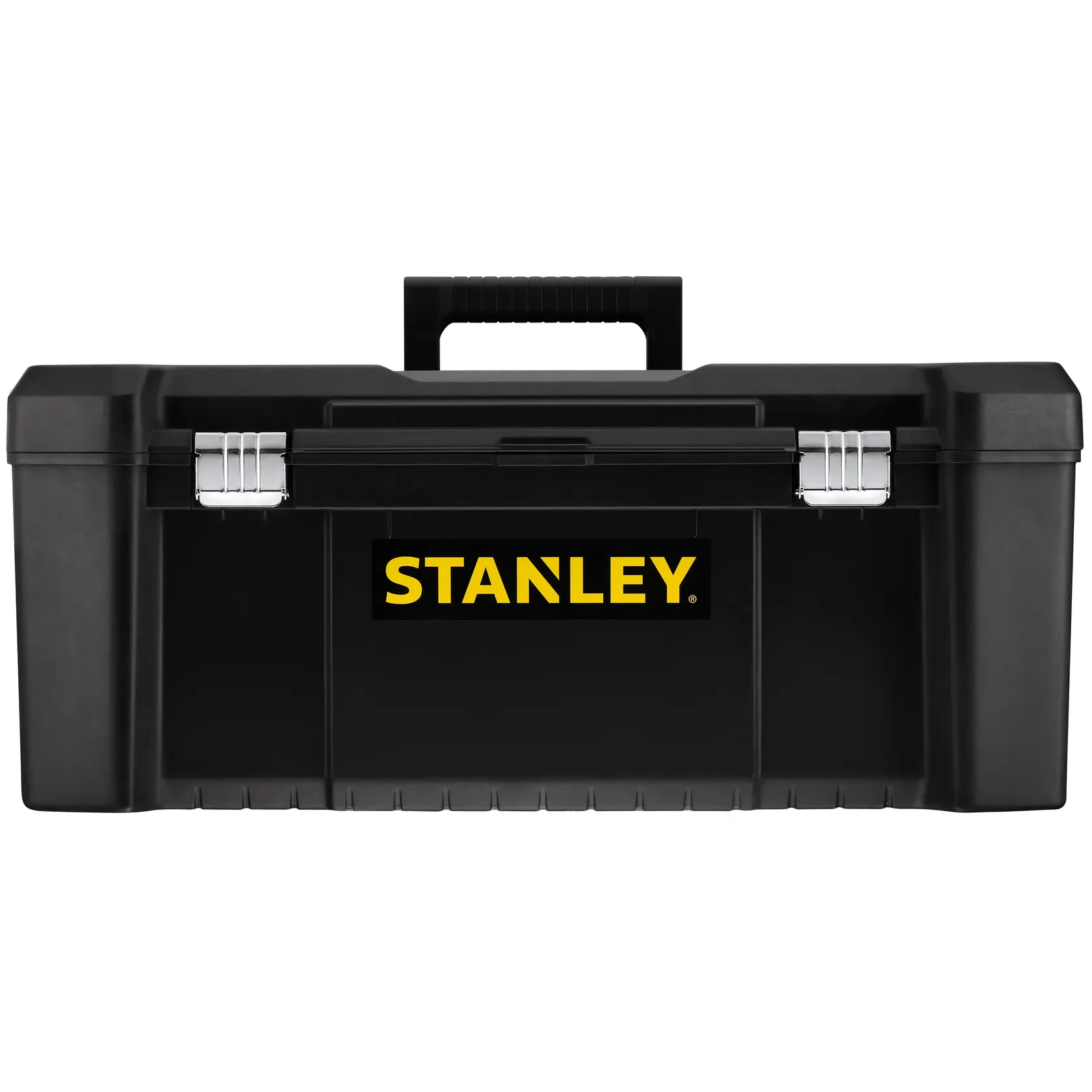 STANLEY STST82976-1 black plastic toolbox with metal latches, front view on white background.