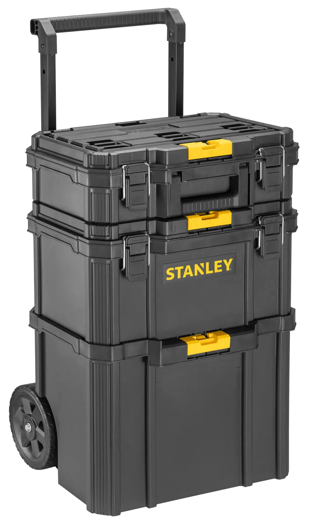 Stanley STST83319-1 coffre à outils roulant, noir avec fermetures jaunes, angle avant, produit photographie.