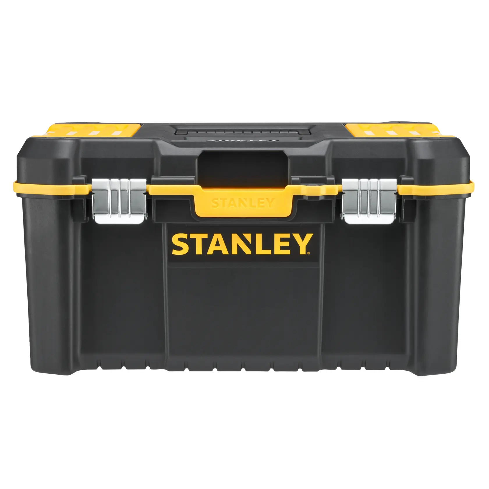 Photo of STANLEY STST83397-1 black and yellow toolbox, front angle, with metal latches and central handle.