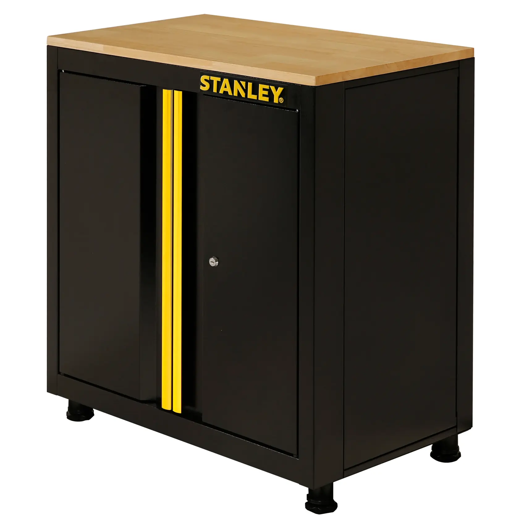 STANLEY STST97595-1 black metal storage cabinet with yellow accents and wood top, front angle.