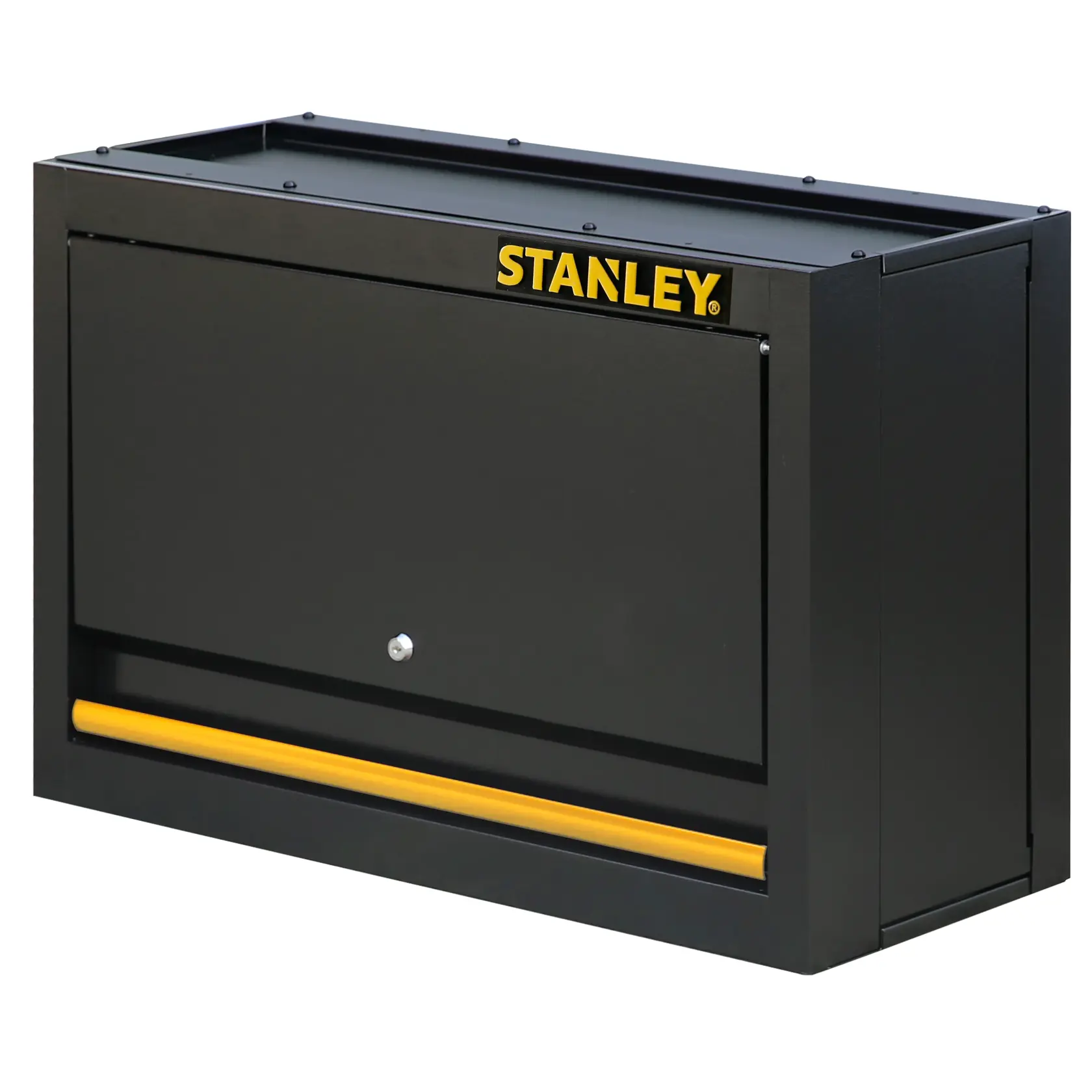 STANLEY STST97599-1 armoire murale noire, vue de face, avec accent jaune et serrure.