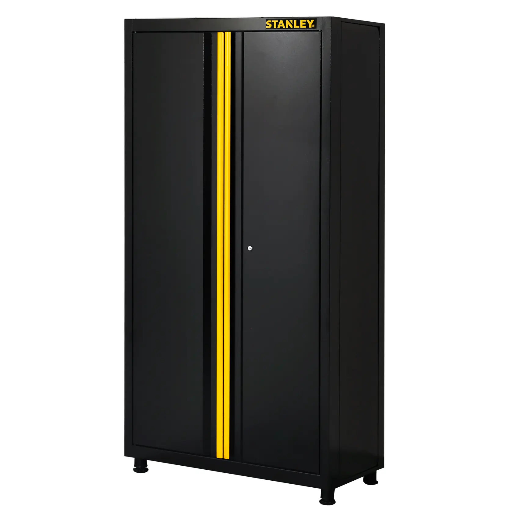 STANLEY STST97957-1 armoire en métal noire avec bande jaune, vue frontale, photographie.