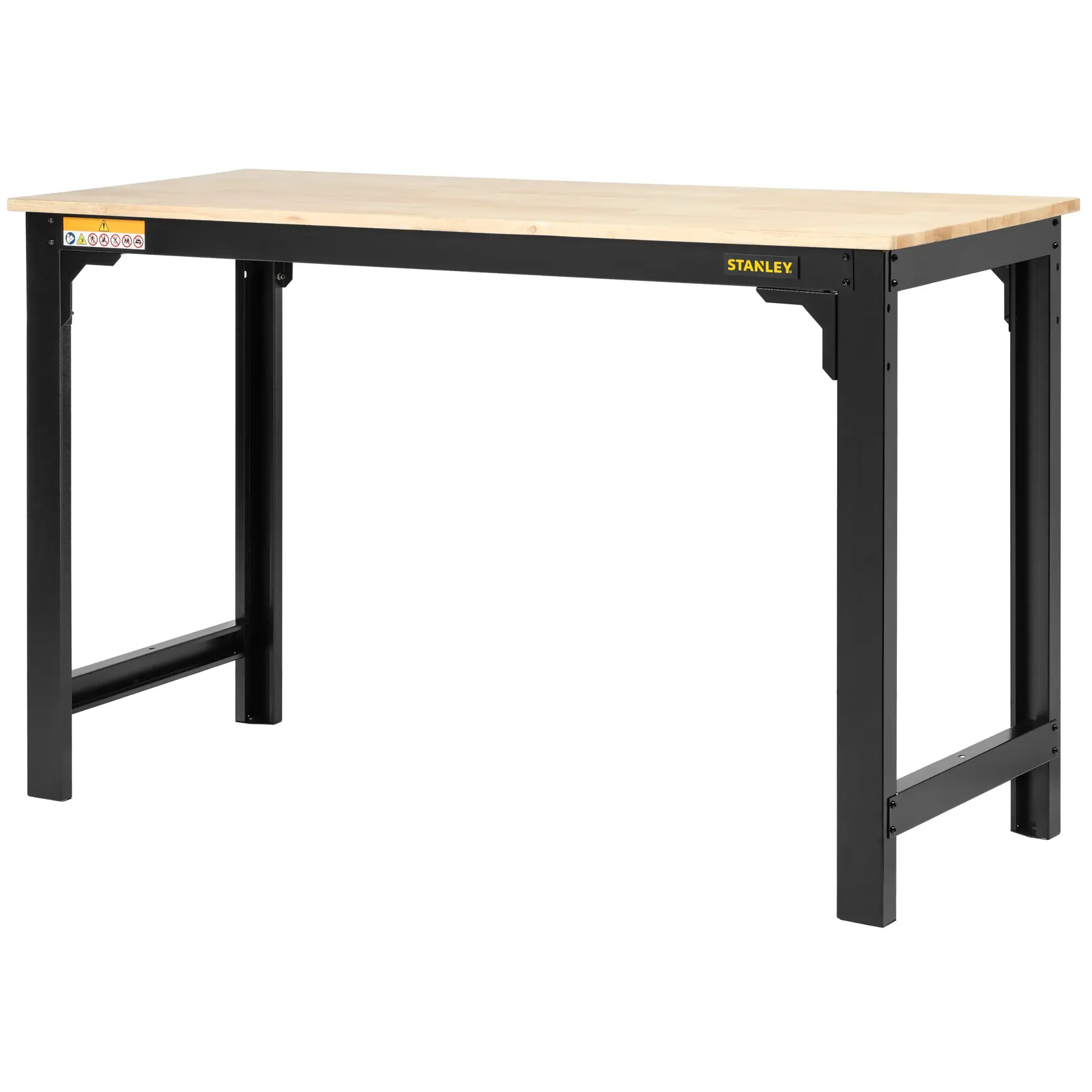 STANLEY STST97998-1 établi avec plateau en bois clair et structure en métal noir, vue de face, fond blanc.