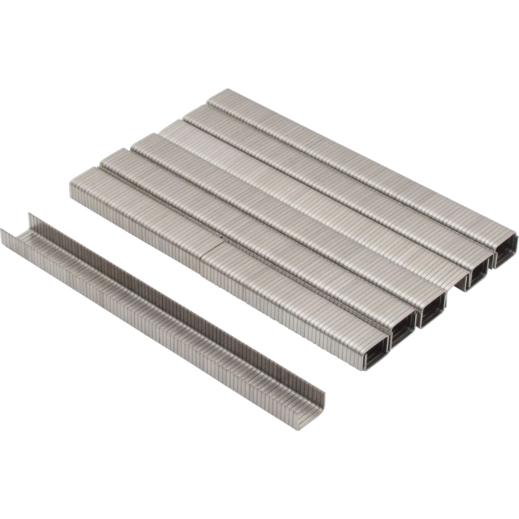 Stanley silver metal staples, side angle, for staplers, stacked in rows on white background