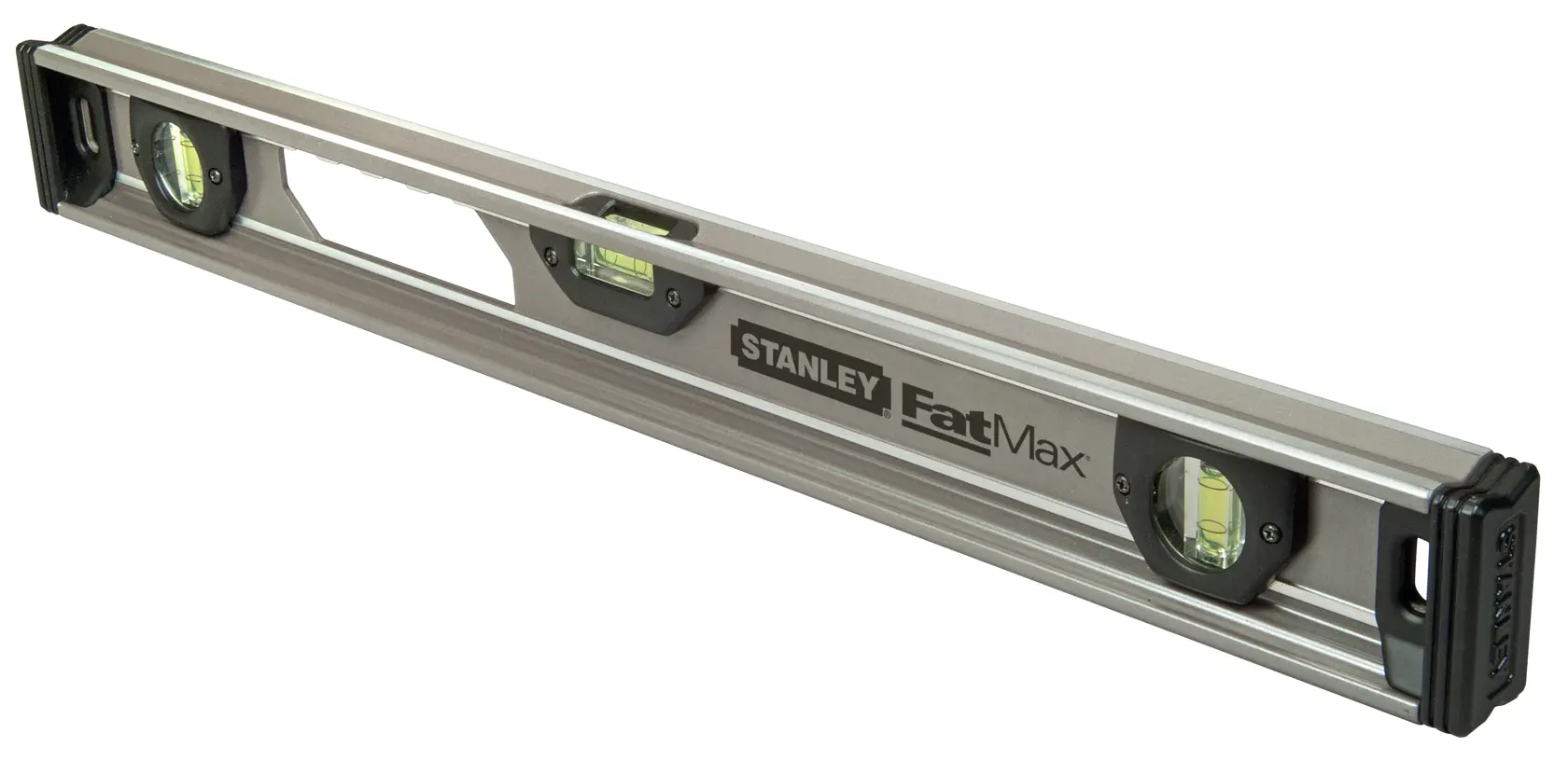 Niveau à bulle Stanley FatMax argenté avec trois fioles, embouts noirs pour un nivellement précis.