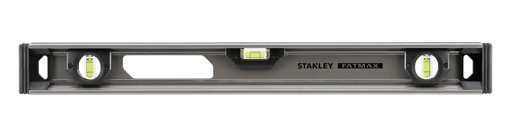 Niveau à bulle STANLEY XTHT1-42131 avec trois fioles et poignée, angle avant sur fond blanc.