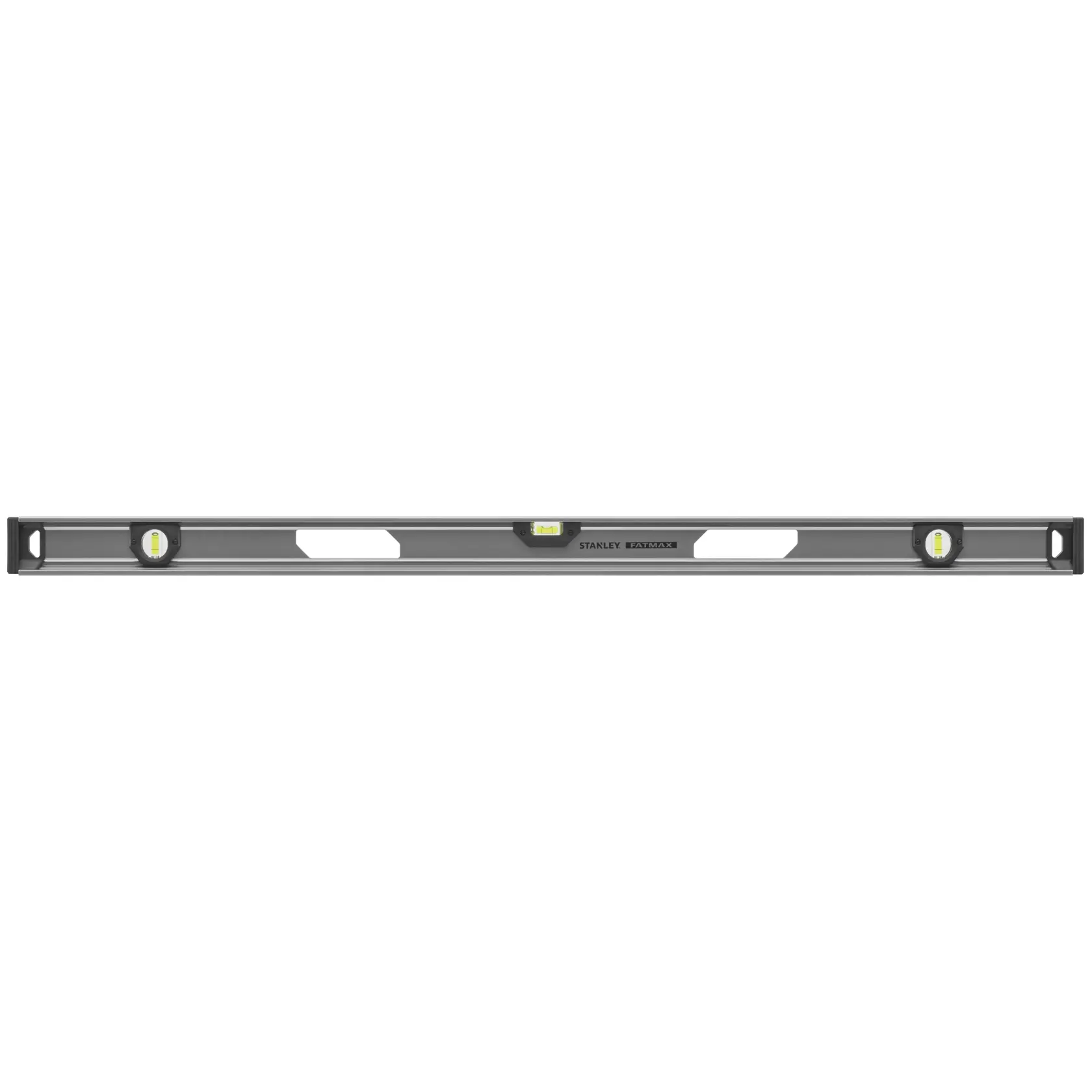 Niveau à bulle STANLEY XTHT1-42134 avec trois fioles, noir et jaune, angle de face sur fond blanc.